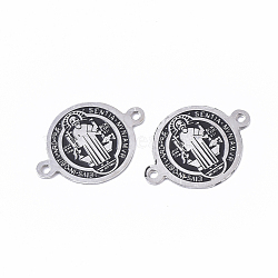 304 Stainless Steel Links connectors, with Enamel, Enamelled Sequins, Flat Round with Saint Benedict Medal, Stainless Steel Color, 13.5x19.5x0.5mm, Hole: 1.2mm(STAS-S079-103P)