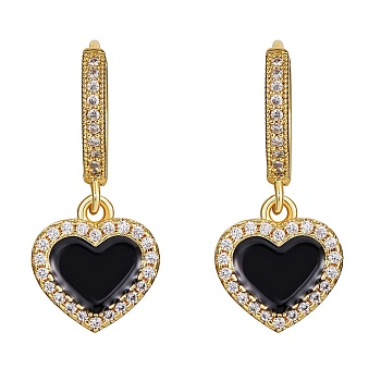 Clear Cubic Zirconia Heart Dangle Hoop Earrings, Brass Drop Earrings for Women, Golden, Black, 25mm, Pin: 1mm