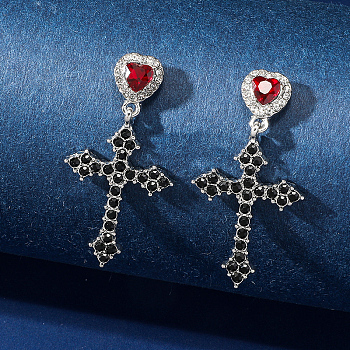 Alloy Gothic Cross with Heart Earrings, Goth Style Dark Stud Earrings, Red