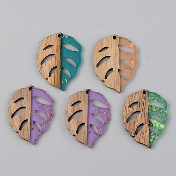 Transparent Resin & Walnut Wood Pendants, with Gold Foil, Leaf, Mixed Color, 37x28x3mm, Hole: 2mm