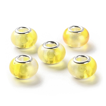 Two Tone Resin European Beads, Rondelle Large Hole Beads, with Platinum Tone Alloy Double Cores, Yellow, 14x9mm, Hole: 5mm