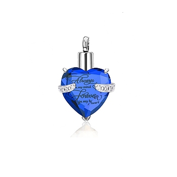 Faceted Glass Urn Pendant, with 316 Stainless Steel Findings, Heart with Always On My Mind Forever In My Heart, for Ashes Urn Memorial Necklace Making, Stainless Steel Color, Blue, 33x21.5x11.5mm, Hole: 5mm
