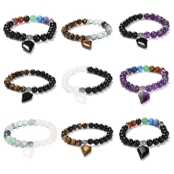 Natural & Synthetic Round Beaded Stretch Bracelets, with Half Heart Charms, Inner Diameter: 2-1/8 inch(5.5cm)