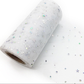 Sparkle Polyester Tulle Fabric Rolls, Mesh Ribbon Spool with Silver Tone Star & Moon & Sun Sequins, for Wedding and Decoration, WhiteSmoke, 5-7/8 inch(150mm), about 25 Yards/Roll