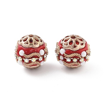 Handmade Indonesia Beads, with Alloy, ABS Plastic and Glass, Round, Golden, FireBrick, 16x17mm, Hole: 1.8mm