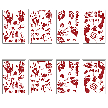 PVC Wall Stickers, for Wall Decoration, Bloody Handprint Footprint & Suspenseful Word, for Halloween Themed Decor, Horrible Game Scene Ornament, Mixed Patterns, 240x350mm, 8pcs/set