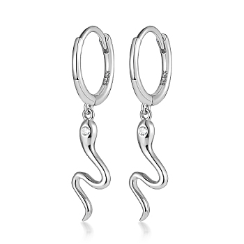 Rhodium Plated 925 Sterling Silver Micro Pave Cubic Zirconia Dangle Hoop Earrings, Snake, with S925 Stamp, Platinum, 31mm