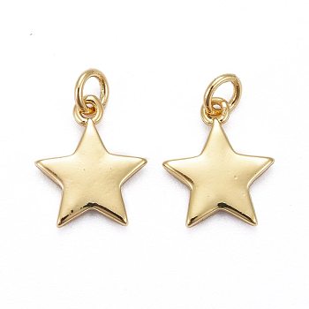 Brass Pendants, Long-Lasting Plated, Star, Real 18K Gold Plated, 11.5x10x1.5mm, Jump Ring: 4x0.7mm, Inner Diameter: 1/8 inch(3.5mm)