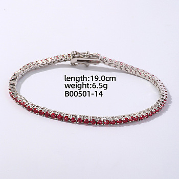 Fashionable Tennis Bracelets, Brass Sparkling Rhinestones Bracelets for Women, Platinum, Light Siam, 7-1/8 inch(18cm)