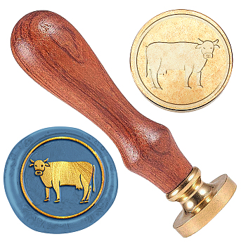 Wax Seal Stamp Set, 1Pc Golden Tone Sealing Wax Stamp Solid Brass Head, with 1Pc Wood Handle, for Envelopes Invitations, Gift Card, Cattle, 83x22mm