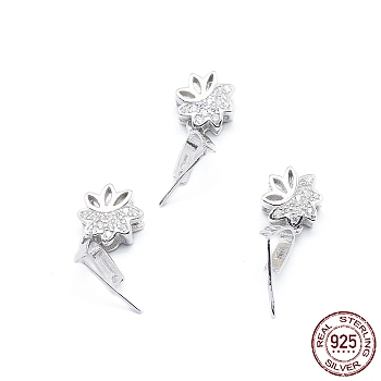 Rhodium Plated 925 Sterling Silver Pendant Ice Pick Pinch Bails, with Clear Cubic Zirconia, Flower, Platinum, 16mm, Hole: 7x4mm, Pin: 0.6mm