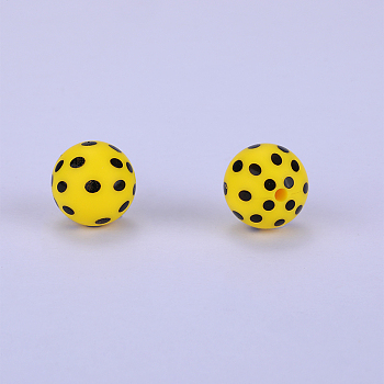 Printed Round with Polka Dots Pattern Silicone Focal Beads, Yellow, 15x15mm, Hole: 2mm