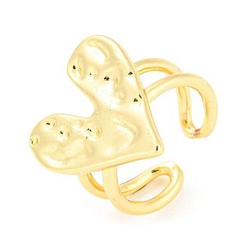 Brass Heart Open Cuff Rings, Lead Free & Cadmium Free, Real 18K Gold Plated, US Size 8 1/2(18.5mm)