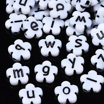 Opaque Acrylic Beads, Flower with Alphabet, White, Letter A~Z, 11x11x4mm, Hole: 1.8mm
