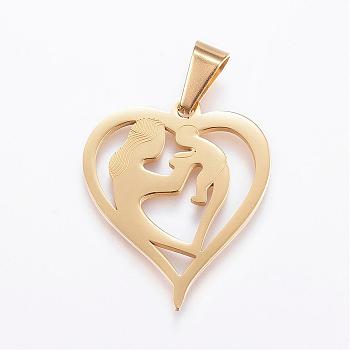 304 Stainless Steel Pendants, Heart, with Mother and Baby, Golden, 30x26x2mm, Hole: 9x5mm
