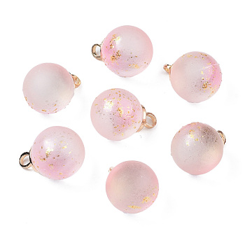 Two Tone Transparent Spray Painted Glass Pendants, with Light Gold Plated Brass Loop, Frosted, with Glitter Powder, Round, Pink, 14x10mm, Hole: 2mm
