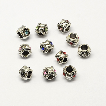 Alloy Rhinestone Flower Large Hole European Beads, Antique Silver, Mixed Color, 9x9x8mm, Hole: 5mm