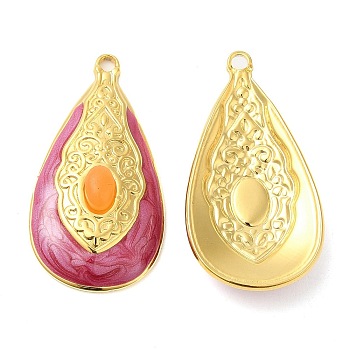 Enamel Pendants, with 304 Stainless Steel Finding and Arcylic Cabochons, Real 18K Gold Plated, Teardrop Charm, Pale Violet Red, 34.5x18x6mm, Hole: 2mm
