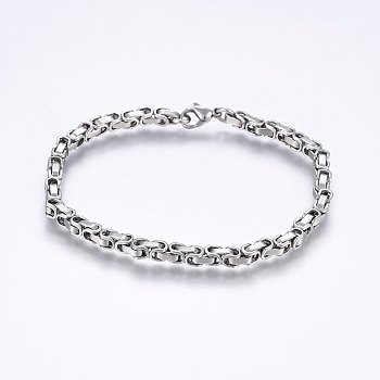 201 Stainless Steel Byzantine Chain Bracelets, with Lobster Claw Clasps, Stainless Steel Color, 8-5/8 inch(22cm), 4mm