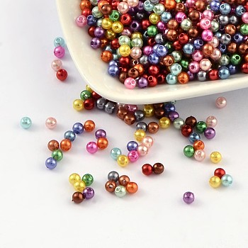 Imitation Pearl Acrylic Beads, Dyed, Round, Mixed Color, 4x3.5mm, Hole: 1mm, about 18100pcs/pound