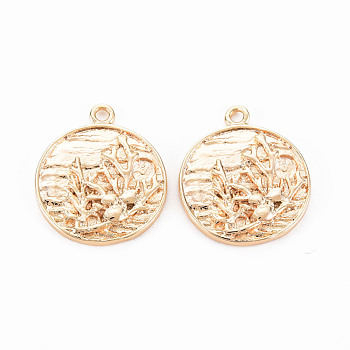 Brass Pendants, Nickel Free, Flat Round with Coral Shape, Real 18K Gold Plated, 20.5x17.5x2.5mm, Hole: 1.6mm