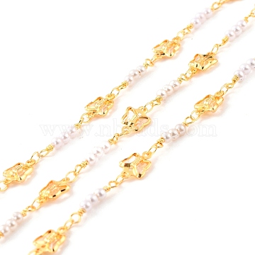 Handmade Brass Link Chains, with Glass Round Beads, Long-Lasting Plated, Soldered, with Spool, Butterfly with Glass, Golden, White, Link: 11x7x2mm, 8x3mm(CHC-C019-17)