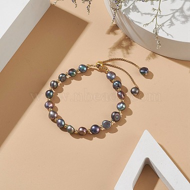 Pulsera con cuentas redondas de latón y perlas naturales teñidas(BJEW-JB09008-03)-2