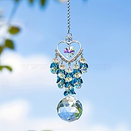 Glass Teardrop Hanging Suncatchers, Rainbow Maker, with Metal Heart Link and Glass Charm, for Garden Window Decoration, Deep Sky Blue, 285x30mm(PW-WG72908-01)