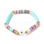 Handmade Polymer Clay Heishi Beads Stretch Bracelet, Flat Round with Evil Eye Lampwork Beads Lucky Bracelet for Women, Light Cyan, Inner Diameter: 2-1/4 inch(5.7cm)(BJEW-JB07372-03)