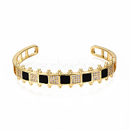 Brass Micro Pave Clear Cubic Zirconia Cuff Bangles, with Enamel, Nickel Free, Square, Real 16K Gold Plated, Black, Inner Diameter: 2-3/8x2 inch(5.9x4.5cm)(BJEW-N302-006A-NF)