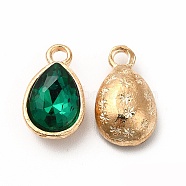 Faceted Glass Rhinestone Pendants, with Golden Tone Zinc Alloy Findings, Teardrop Charms, Green, 15x9x5mm, Hole: 2mm(GLAA-I051-A13)