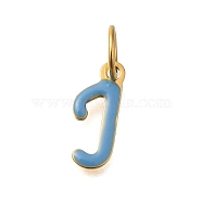 Ion Plating(IP) 304 Stainless Steel Enamel Alphabet Charms, with Jump Ring, Real 14K Gold Plated, Letter J, 12.5x5x1mm, Hole: 5mm(STAS-F308-02G-J)