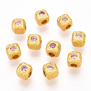 Brass Spacer Beads, with Rhinestone, Square, Matte Gold Color, Light Rose, 4x4.5x4.5mm, Hole: 1.8mm(KK-M244-01MG-01)