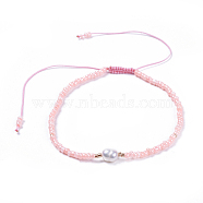 Adjustable Nylon Thread Braided Beads Bracelets, with Glass Seed Beads and Grade A Natural Freshwater Pearls, Pink, 2-1/8 inch(5.3cm)(BJEW-JB04375-03)