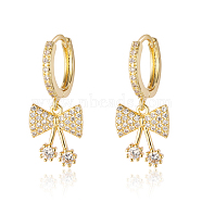 Clear Cubic Zirconia Bowknot Dangle Hoop Earrings, Brass Earrings, Real 18K Gold Plated, 26x10mm(EJEW-OY001-15G)