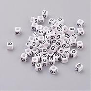 Acrylic Horizontal Hole Letter Beads, Cube, White, Letter G, Size: about 6mm wide, 6mm long, 6mm high, hole: about 3.2mm, about 2600pcs/500g(PL37C9308-G)