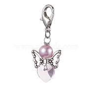 Heart Angel Glass Pendant Decoration, Lobster Claw Clasps Charm for Bag Ornaments, Plum, 43mm(HJEW-JM01980-02)