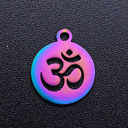 Chakra Theme Ion Plating(IP) 201 Stainless Steel Charms, Flat Round with Om Symbol, Rainbow Color, 14x12x1mm, Hole: 1.5mm(STAS-Q201-JN179)
