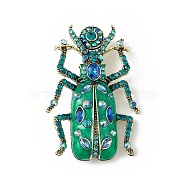 Beetles Enamel Pin with Rhinestone, Antique Golden Alloy Badge for Backpack Clothes, Sea Green, 71.5x48x17mm, Pin: 0.8mm(JEWB-P016-06AG-01)