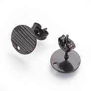 304 Stainless Steel Ear Stud Findings, with Ear Nuts/Earring Backs and Hole, Textured Flat Round with Cross Grain, Electrophoresis Black, 12mm, Hole: 1.2mm, Pin: 0.8mm(X-STAS-O119-17C-B)