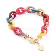 Brass Heart Charm Bracelets, with Rubberized Style Acrylic Cable Chains, Colorful, Real 18K Gold Plated, 8-3/4 inch(22.3cm)(X1-BJEW-JB06195)