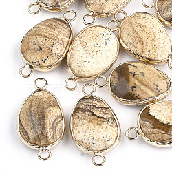 Natural Picture Jasper Links connectors, with Brass Findings, Nickel Free, Faceted, teardrop, Golden, 27.5x14.5~15x6~6.5mm, Hole: 2mm(X-G-S344-02I)