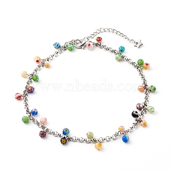 Millefiori Glass Charm Anklets, with 304 Stainless Steel Rolo Chains, Round, Colorful, Stainless Steel Color, 9-3/8 inch(23.9cm)(AJEW-AN00441)