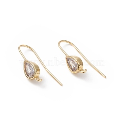 Real 18K Gold Plated Brass Earring Hooks, with Cubic Zirconia and Vertical Loops, Teardrop, Cadmium Free & Nickel Free & Lead Free, Clear, 24~25mm, Pendant: 11x6mm, Hole: 1.2mm, 20 Gauge, Pin: 0.8mm(KK-B060-07G-02)