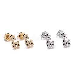 Brass Micro Pave Cubic Zirconia Stud Earrings, with Ear Nuts, Long-Lasting Plated, Giraffe, Black & Clear, Mixed Color, 11.5x6x2mm, Pin: 0.8mm(EJEW-F264-11)