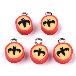 Handmade Polymer Clay Charms, with Platinum Tone Iron Findings, Flat Round with Halloween Bat, Orange Red, 13~14x9~10x4.5mm, Hole: 1.8mm(X-CLAY-T016-47)