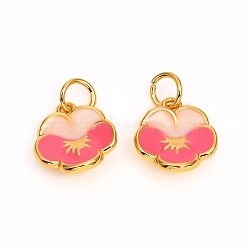 Brass Enamel Charms, Long-Lasting Plated, Flower, Real 18K Gold Plated, Hot Pink, 12x10.5x3.5mm, Hole: 3mm(ZIRC-F816-02A-G)