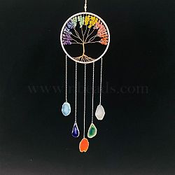 Natural Agate Wind Chime, with Tree of Life Natural Gemstone Chip for Home Garden Decoration, Colorful, 580x160mm(WG14434-02)