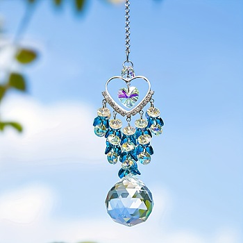 Glass Teardrop Hanging Suncatchers, Rainbow Maker, with Metal Heart Link and Glass Charm, for Garden Window Decoration, Deep Sky Blue, 285x30mm