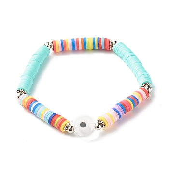 Handmade Polymer Clay Heishi Beads Stretch Bracelet, Flat Round with Evil Eye Lampwork Beads Lucky Bracelet for Women, Light Cyan, Inner Diameter: 2-1/4 inch(5.7cm)